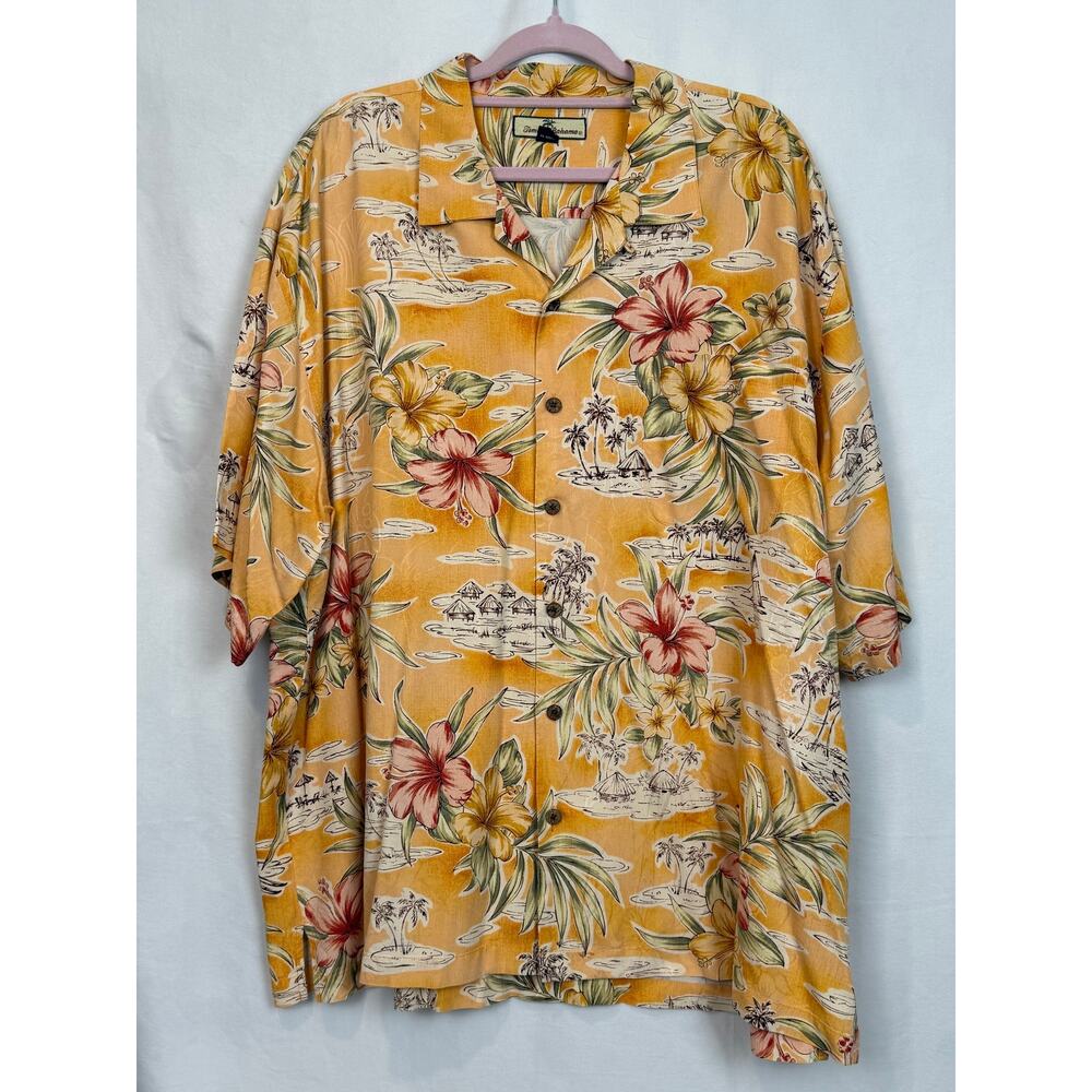 Tommy Bahama 100% Silk Camp Shirt XXL Vintage Amber Hibiscus Island Scene